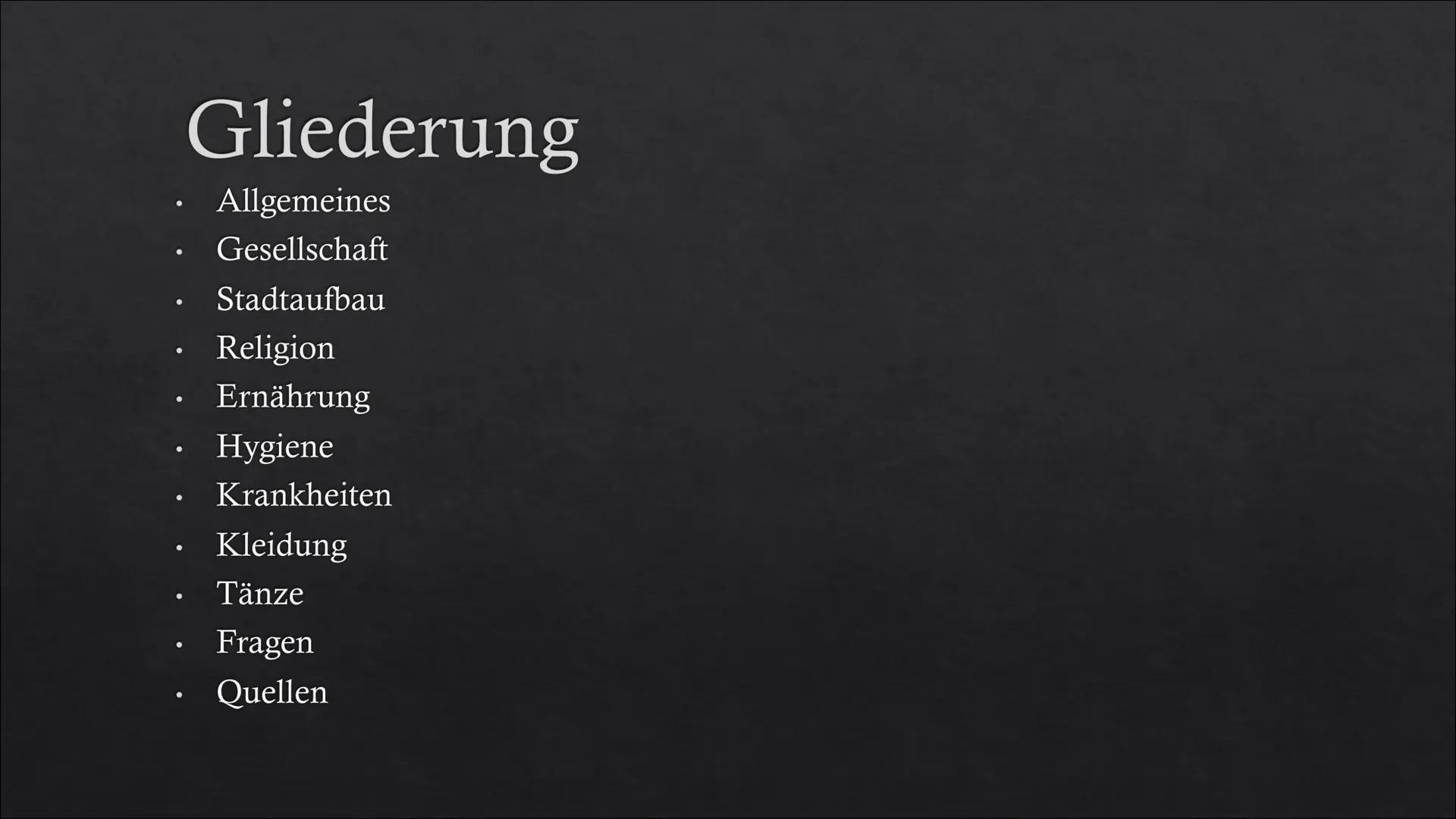 Die Stadt im Mittelalter
The ●
●
●
●
●
●
●
Gliederung
Allgemeines
Gesellschaft
Stadtaufbau
●
●
Religion
Ernährung
Hygiene
Krankheiten
Kleidu
