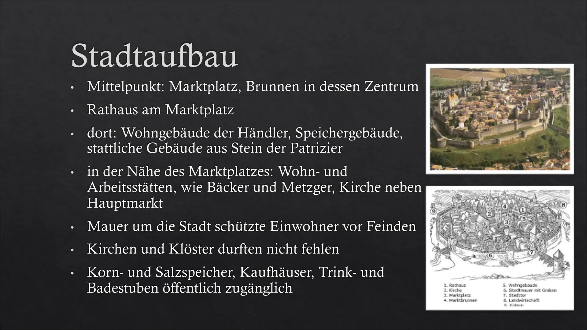 Die Stadt im Mittelalter
The ●
●
●
●
●
●
●
Gliederung
Allgemeines
Gesellschaft
Stadtaufbau
●
●
Religion
Ernährung
Hygiene
Krankheiten
Kleidu