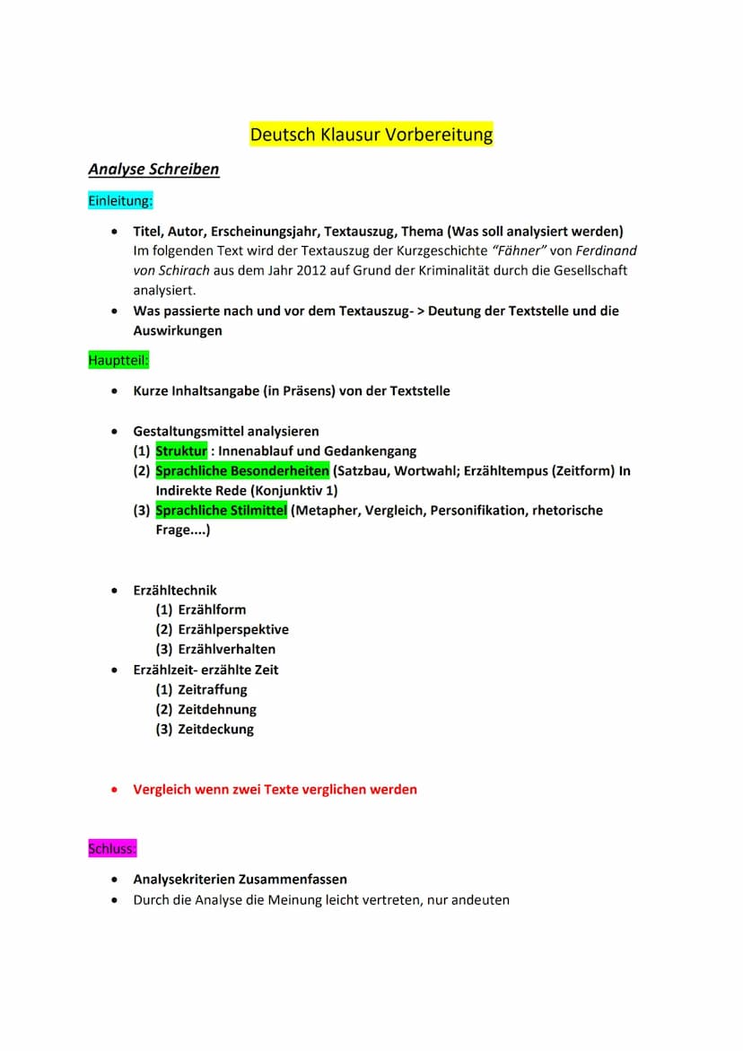 Analyse Schreiben
Einleitung:
●
Hauptteil:
Titel, Autor, Erscheinungsjahr, Textauszug, Thema (Was soll analysiert werden)
Im folgenden Text 