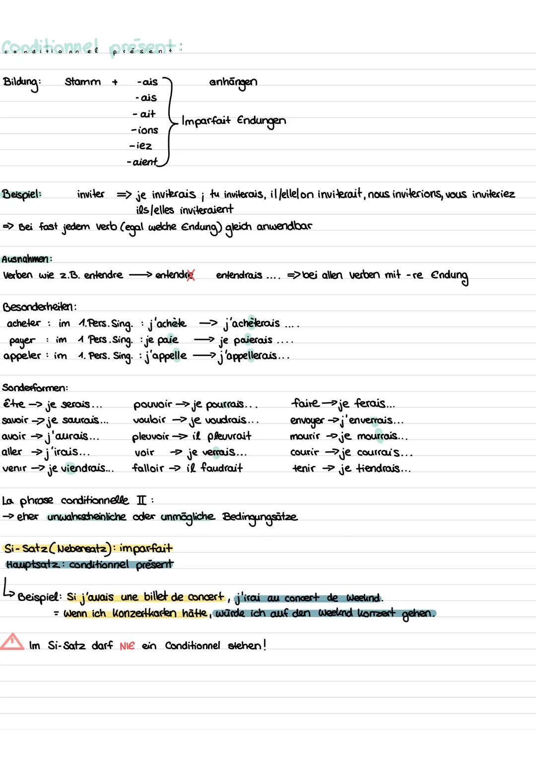 Conditionnel present:
Bildung:
Stamm +
Beispiel:
inviter => je inviterais ; tu inviterais, il fellel on inviterait, nous inviterions, vous i