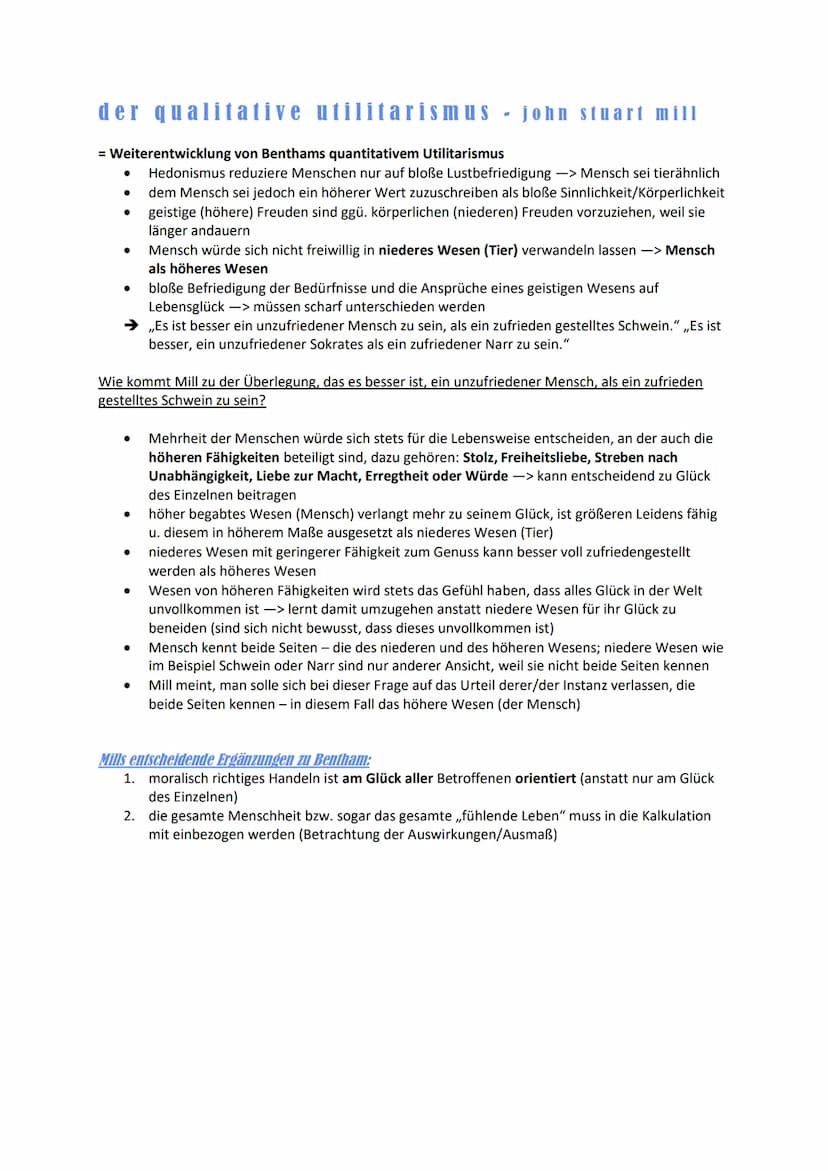UTILITARISMUS
●
Das Prinzip der Nützlichkeit
Eine Handlung ist nützlich, wenn von ihr die größtmögliche Anzahl an Menschen / der
Umwelt prof