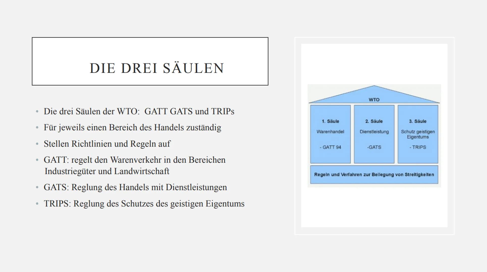 TRADE
WORLD
ORGANIZATION
WTO:
WORLD TRADE ORGANIZATION Gründung
• Mitglieder
•
●
●
●
Zielsetzung/Aufgaben
Aufbau
Die drei Säulen
Kritik
INHA