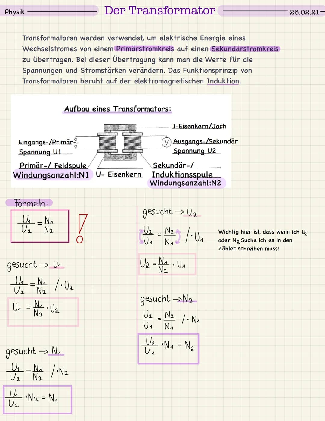 Physik
Ein Transformator besteht aus zwei
Spulen, die auf einem Eisenkern sitzen.
Zwischen beiden Spulen gibt es keine
elektrisch leitende V