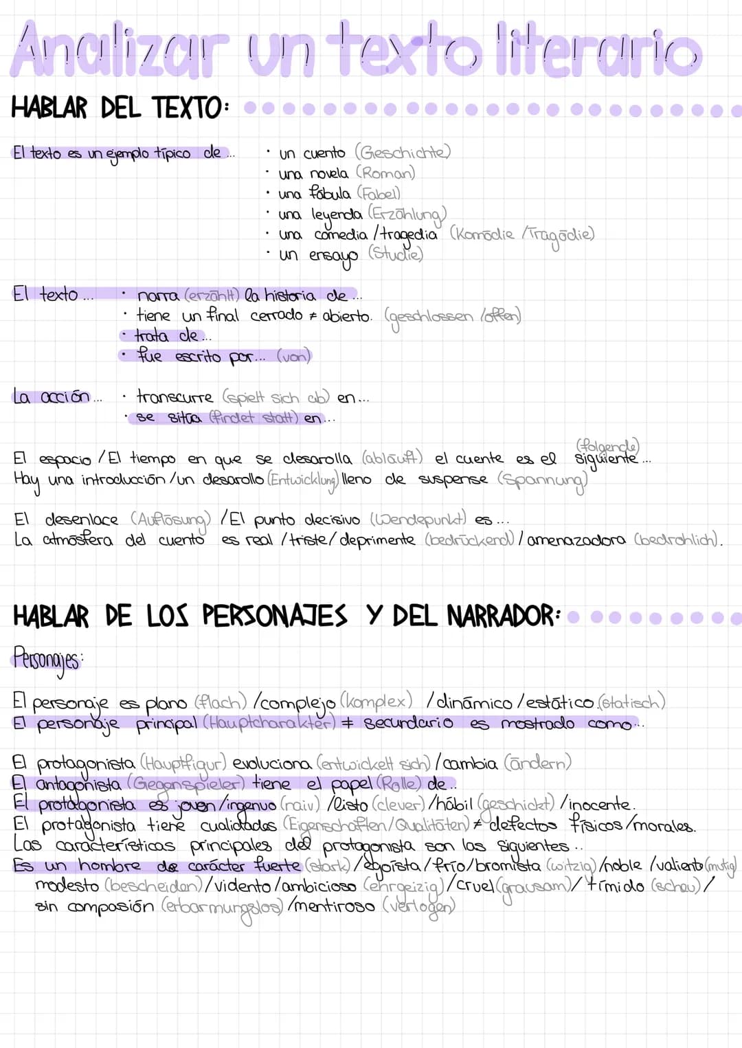 Analizar un texto literario
HABLAR DEL TEXTO:
El texto es un ejemplo típico de.....
El texto....
La acción....
.
un cuento (Geschichte)
• un