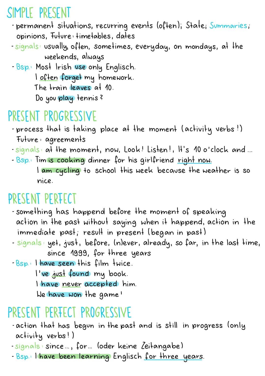 SIMPLE PRESENT
- permanent situations, recurring events (often); State; Summaries;
opinions, Future: timetables, dates
-signals: usually, of