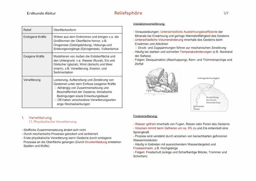 Erdkunde Abitur
Relief
Endogene Kräfte
Exogene Kräfte
Verwitterung
1.
Oberflächenform
Wirken aus dem Erdinneren und bringen v.a. die
Großfor