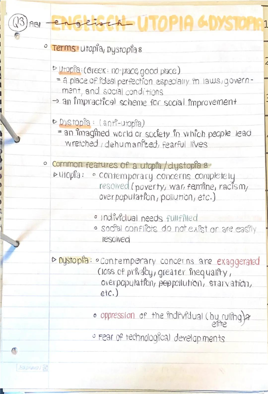 --- OCR Start ---
⑬ ABI englisch-UTOPIA &DYSTOPIA
• Terms: utopia, Dystopia 8
►Utopia: (Greek: no-prace, good place)
=a place of ideal perfe