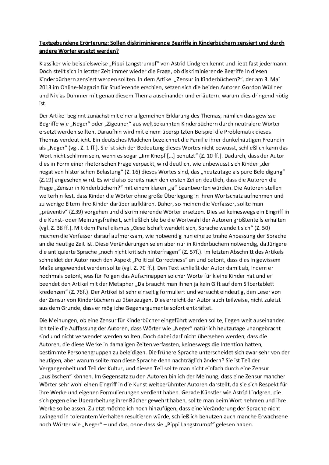Kinderbücher umschreiben und Zensur - Textgebundene Erörterung Klasse 10