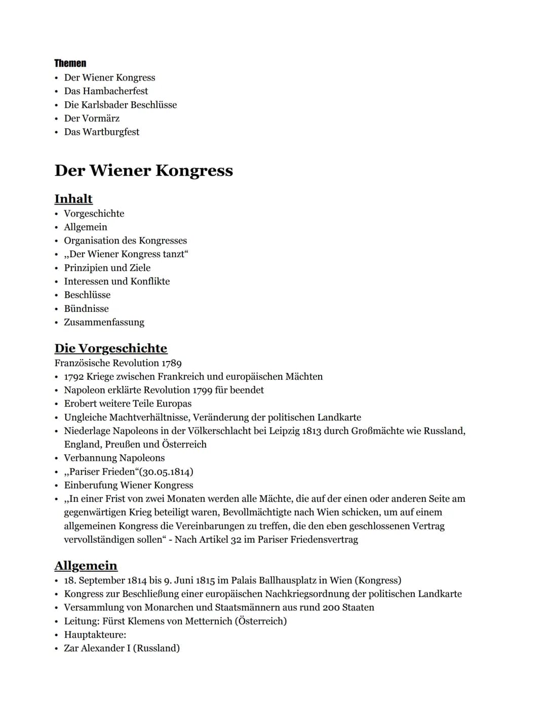 Themen
Der Wiener Kongress
. Das Hambacherfest
.
Die Karlsbader Beschlüsse
. Der Vormärz
●
Der Wiener Kongress
Inhalt
●
.
,,Der Wiener Kongr