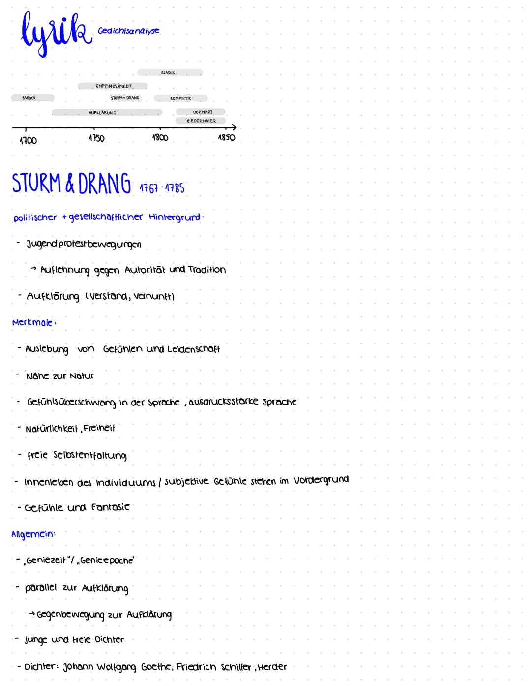lyrik
BAROCK
1700
Merkmale:
Gedichtsanalyse
EMPFINDSAMKEIT
AUFKLARUNG
1750
STURM + ORANG
- Náhe zur Natur
STURM & DRANG 1767-1785
Allgemein: