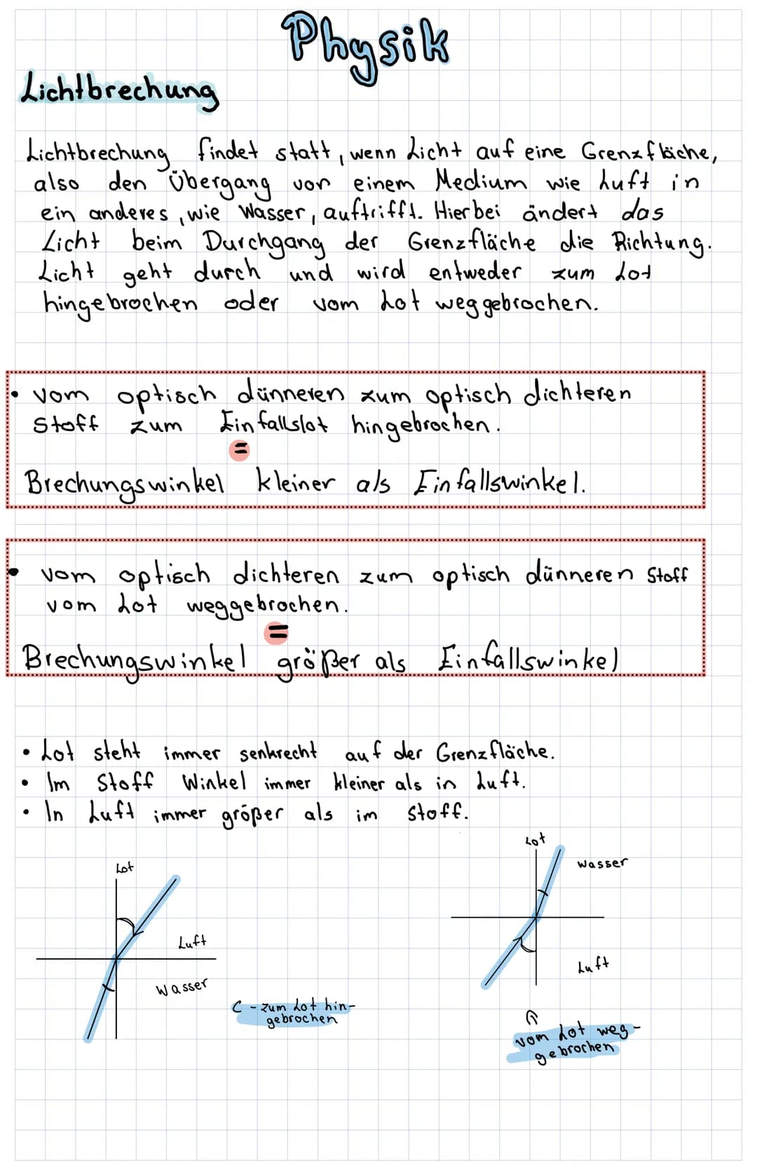 Physik
Lichtbrechung
Lichtbrechung findet statt, wenn Licht auf eine Grenxfliche,
also den Übergang von
einem Medium wie Luft in
ein anderes