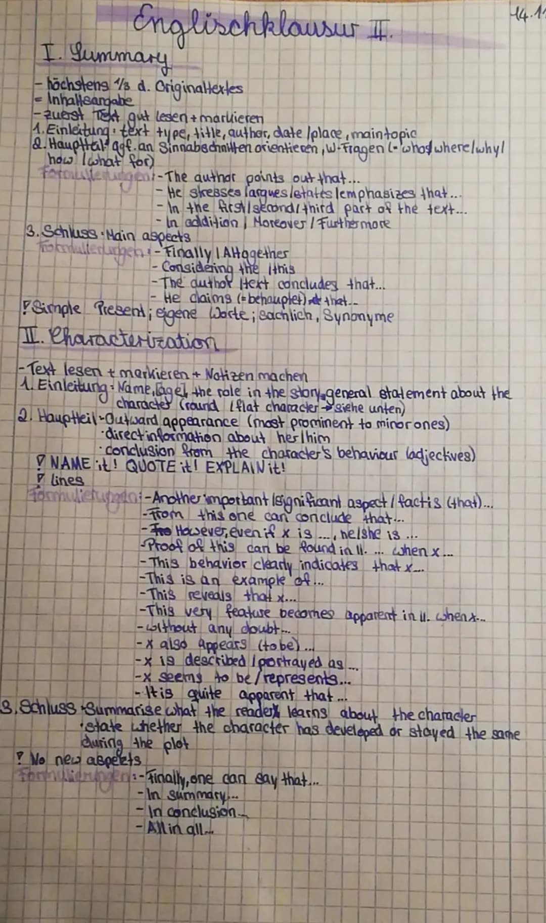 Englischklausur II.
I. Summary
-höchstens 1/3 d. Originaltextes
Inhaltsangabe
=
- zuerst Text gut lesen + markieren
1. Einleitung text type,