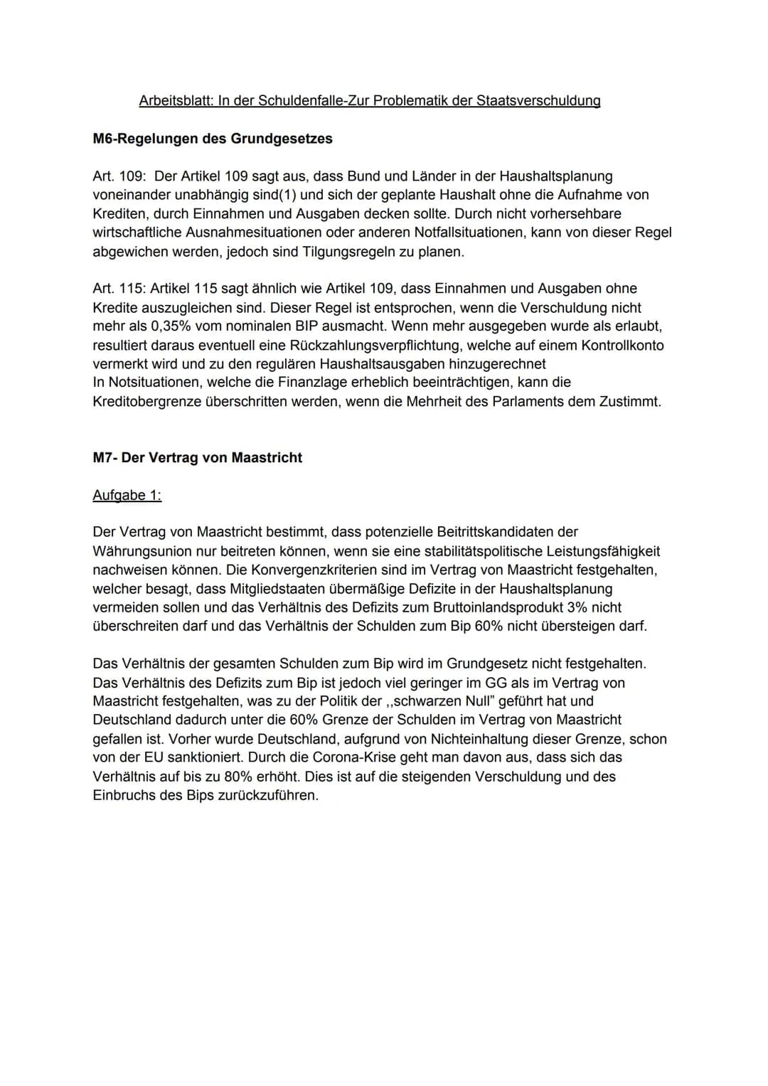 Aufgabe 1:
Der Bundeshaushalt 2021
Die Grafik M2,,Staatsverschuldung von Deutschland 1950-2019" zeigt die Höhe der
Staatsverschuldung der Bu