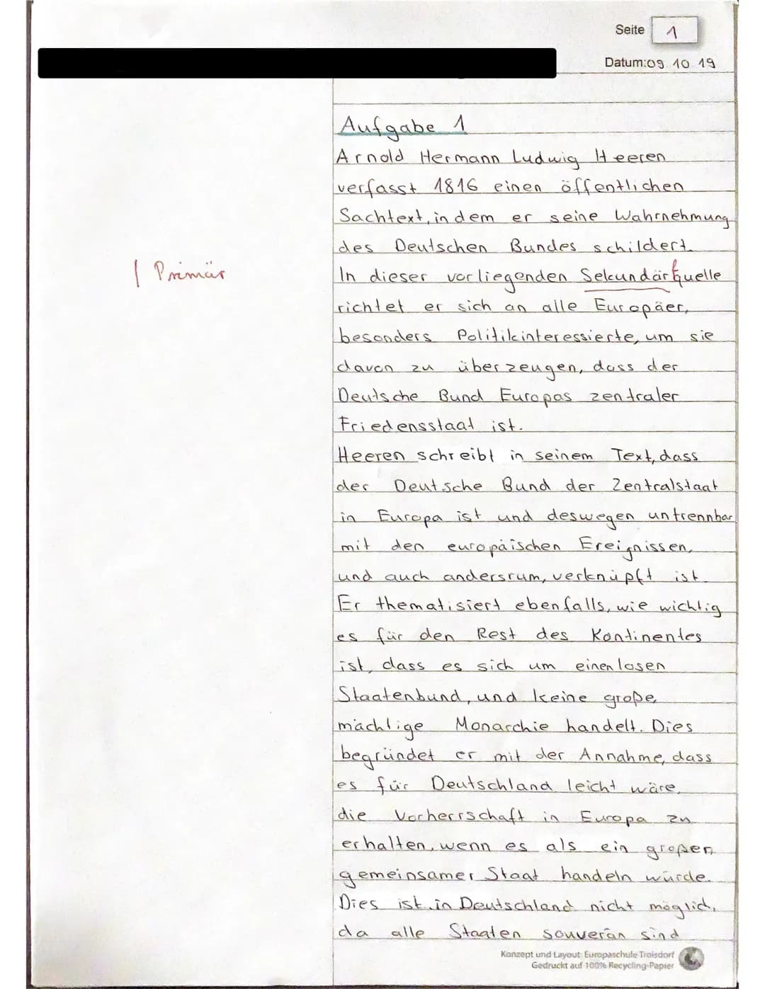 | Primär
Seite 1
zu
Datum:09. 10 19
Aufgabe 1
Arnold Hermann Ludwig Heeren
verfasst 1816 einen öffentlichen
Sachtext, in dem er
seine Wahrne