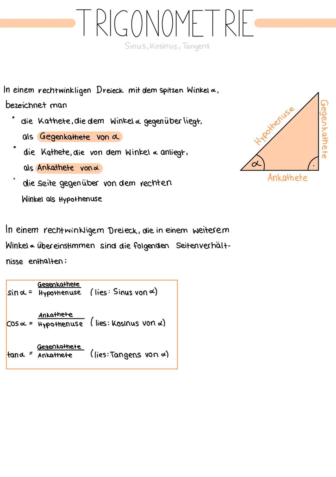 In einem rechtwinkligen Dreieck mit dem Spitzen Winkel ",
bezeichnet man
die Kathete, die dem Winkel & gegenüber liegt,
·
als Gegenkathete v