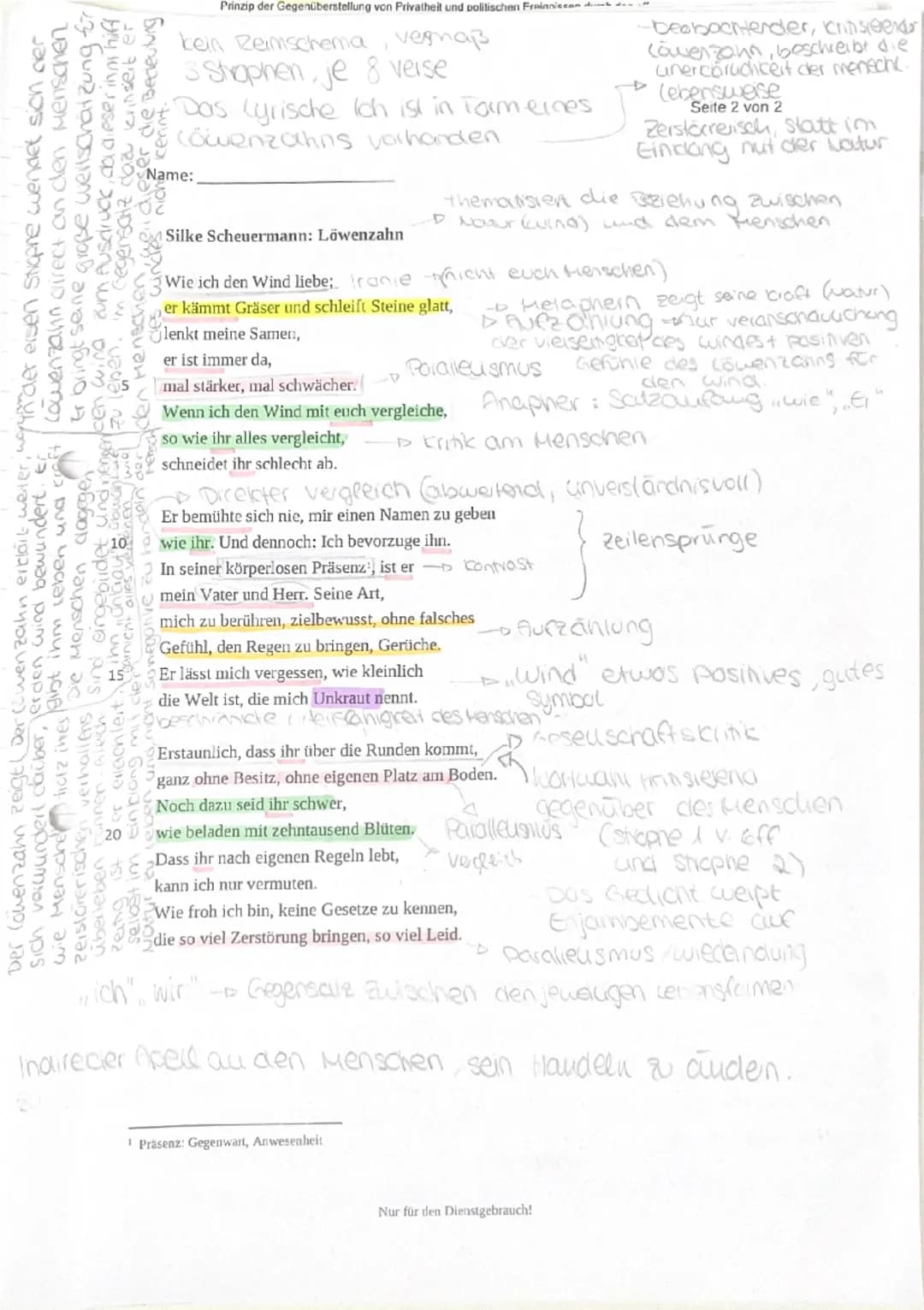 Name:
Seite 1 von 2
Zentrale Klausur am Ende der Einführungsphase
Deutsch
Aufgabenstellung
Interpretieren Sie das Gedicht, indem Sie
das The