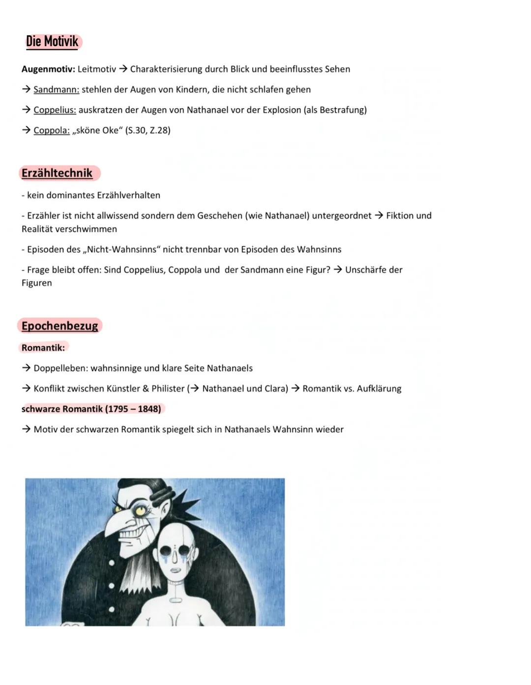 # DER SANDMANN

„Der Sandmann" – E.T.A. Hoffmann

Die Figuren

Nathanael: offen für wunderbares; geprägt von traumatischen Ereignissen → Aus