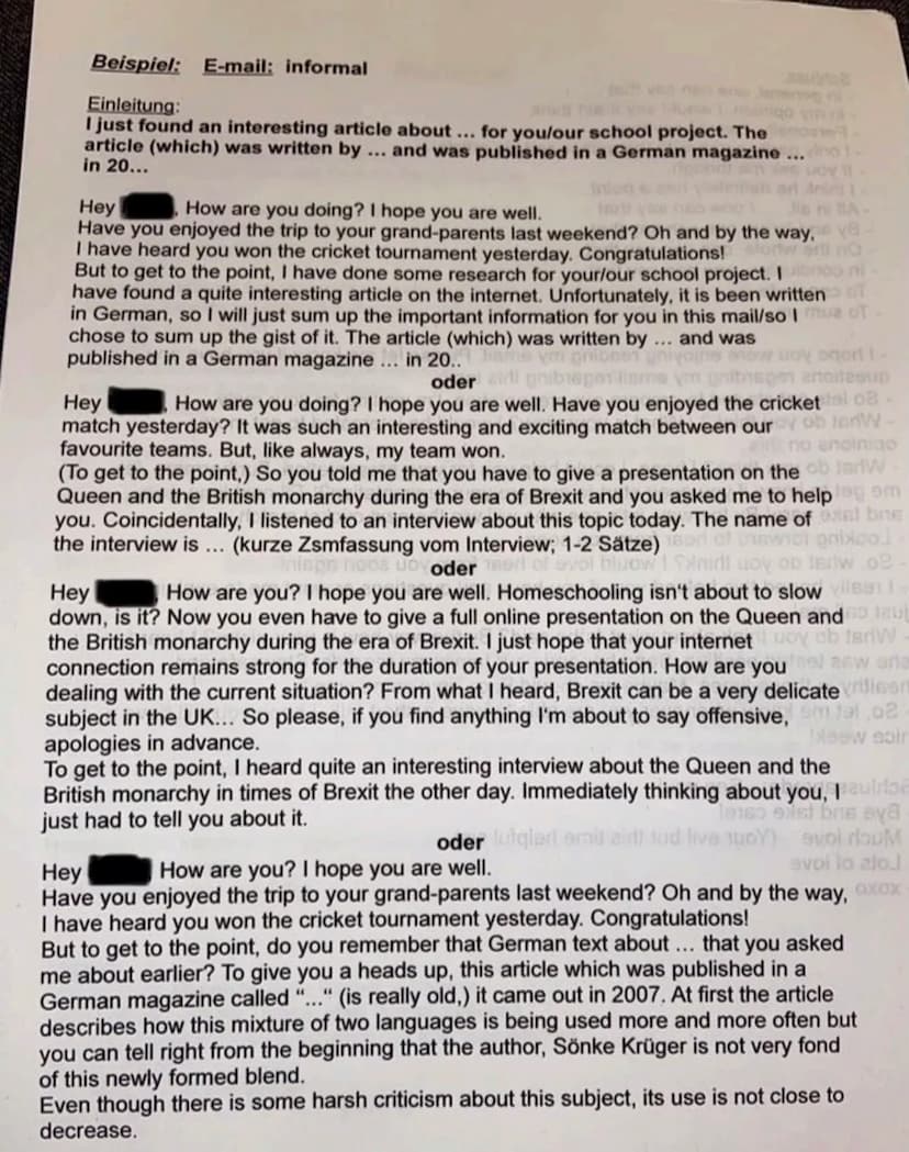 Allgemeines:
- Einleitung:
- Texttyp: E-mail, Präsentation, Bericht
-Adressat: Freund (informal), höfliche Person (formal)
Anfanganrede
unnö
