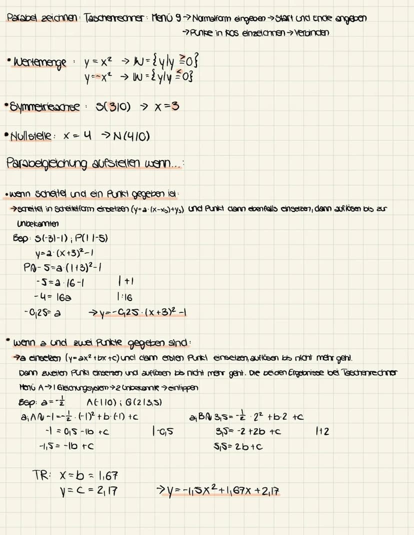 Parabeln:
Scheitel form: a (x − xs) + y₂
Normalform: ax²+bx+c
Normalparabel: y=x²
+
•nach unten geöffnete Normalparabel: y=-x²
• nach links 