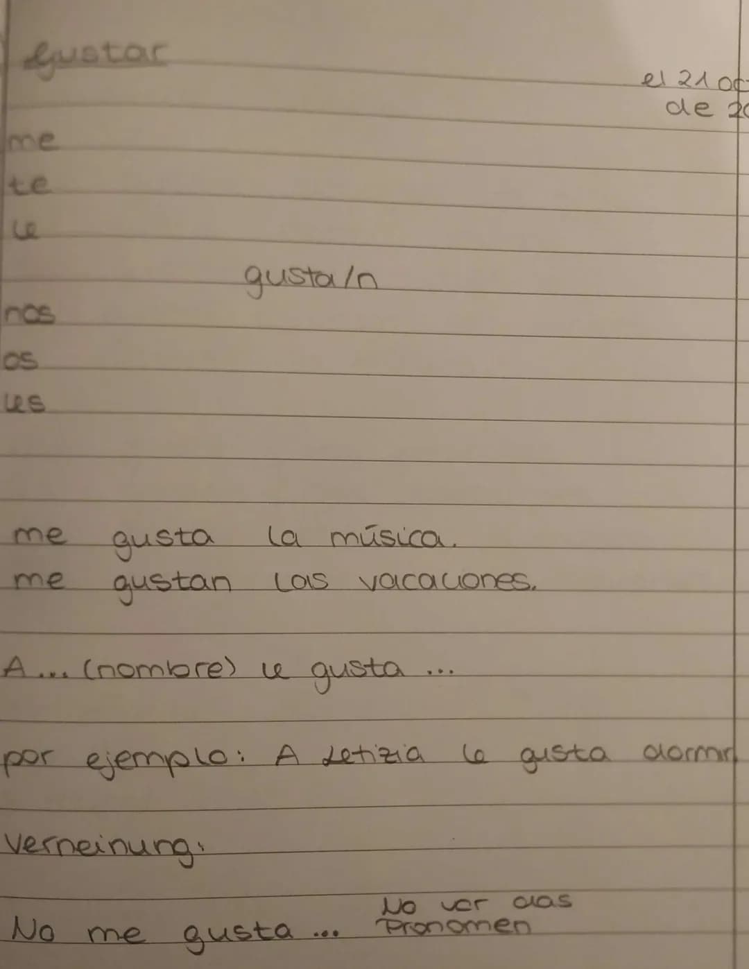 Gustar
nos
os
les
gusta/n
gusta
la música.
gustan Las vacaciones.
A... (nombre) le gusta.
por ejemplo: A Letizia
el 21 00
de 20
le gusta dor