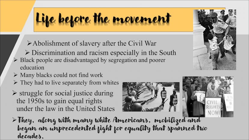 civil rights movement
The struggle for equality
Life before the movement
▶ Abolishment of slavery after the Civil War
▸ Discrimination and r