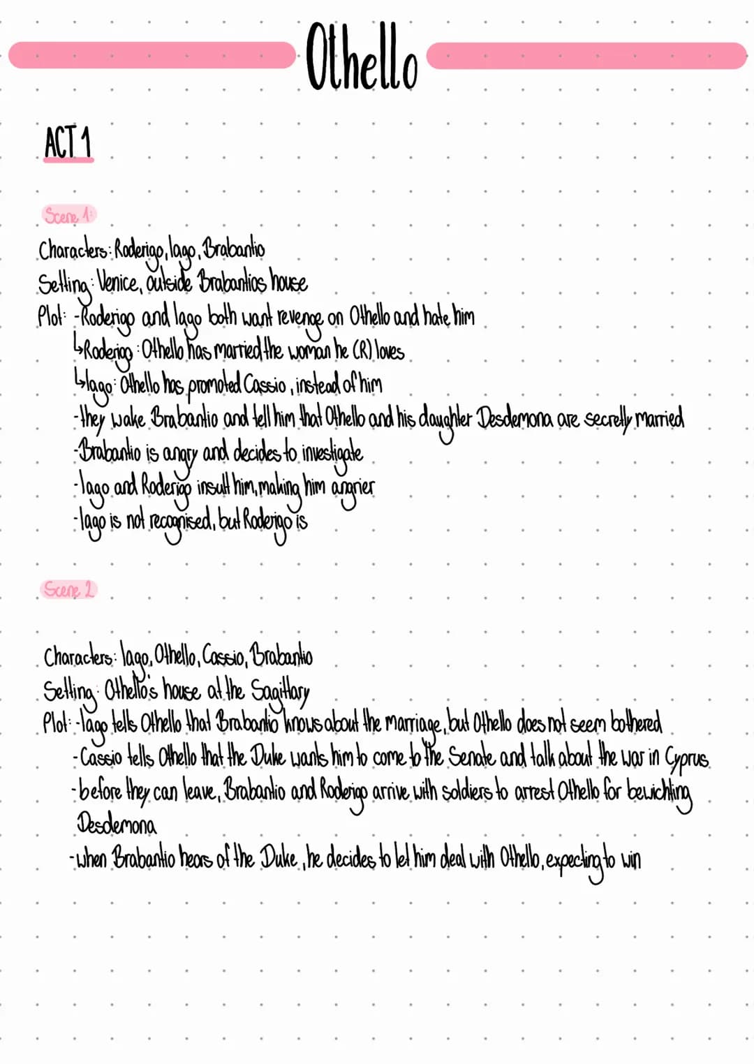 ACT 1
Othello
• Scene 1:
Characters: Roderigo, lago, Brabantio
Setting: Venice, outside Brabantias house
Plot: Roderigo and lago both want r