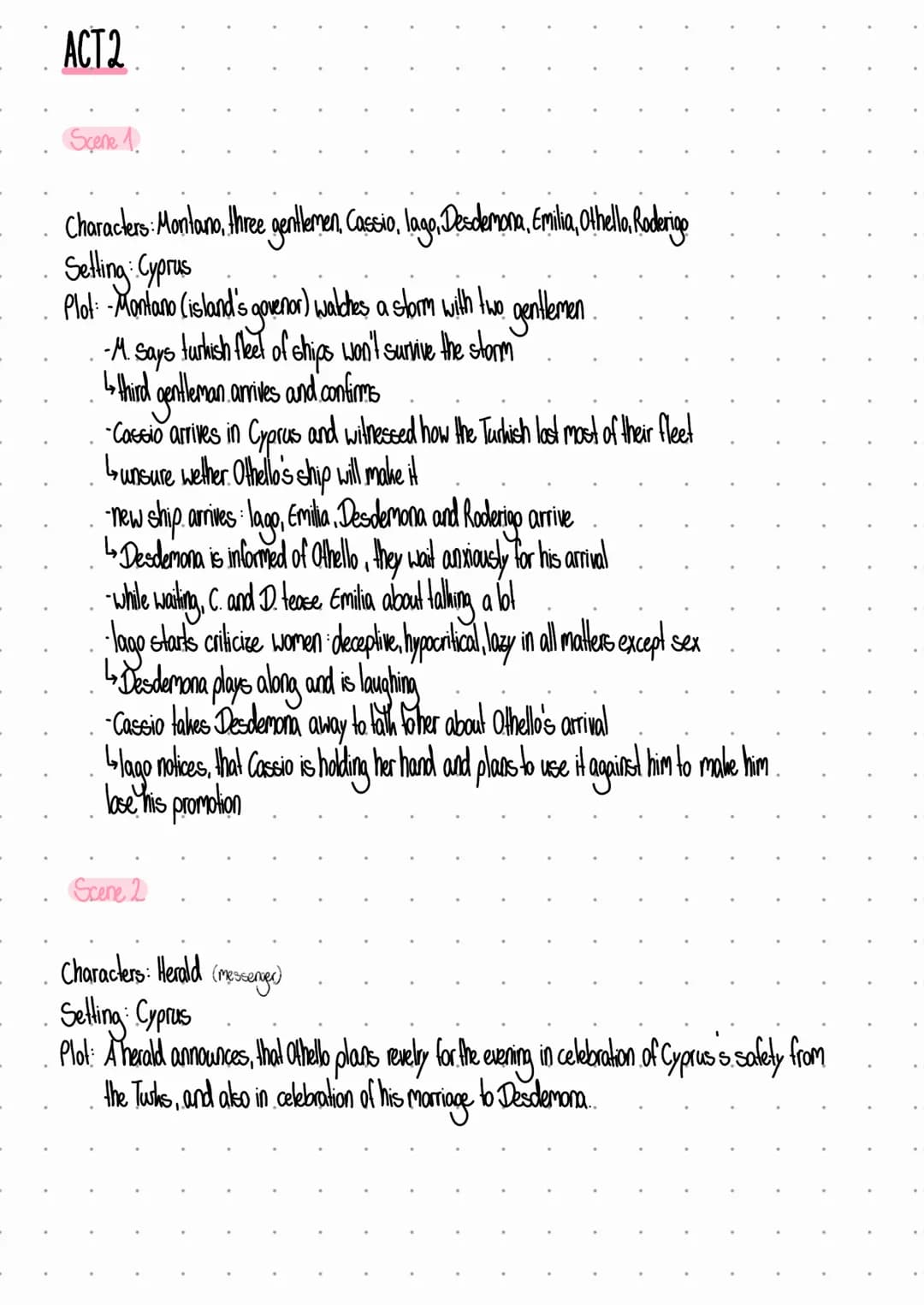 ACT 1
Othello
• Scene 1:
Characters: Roderigo, lago, Brabantio
Setting: Venice, outside Brabantias house
Plot: Roderigo and lago both want r