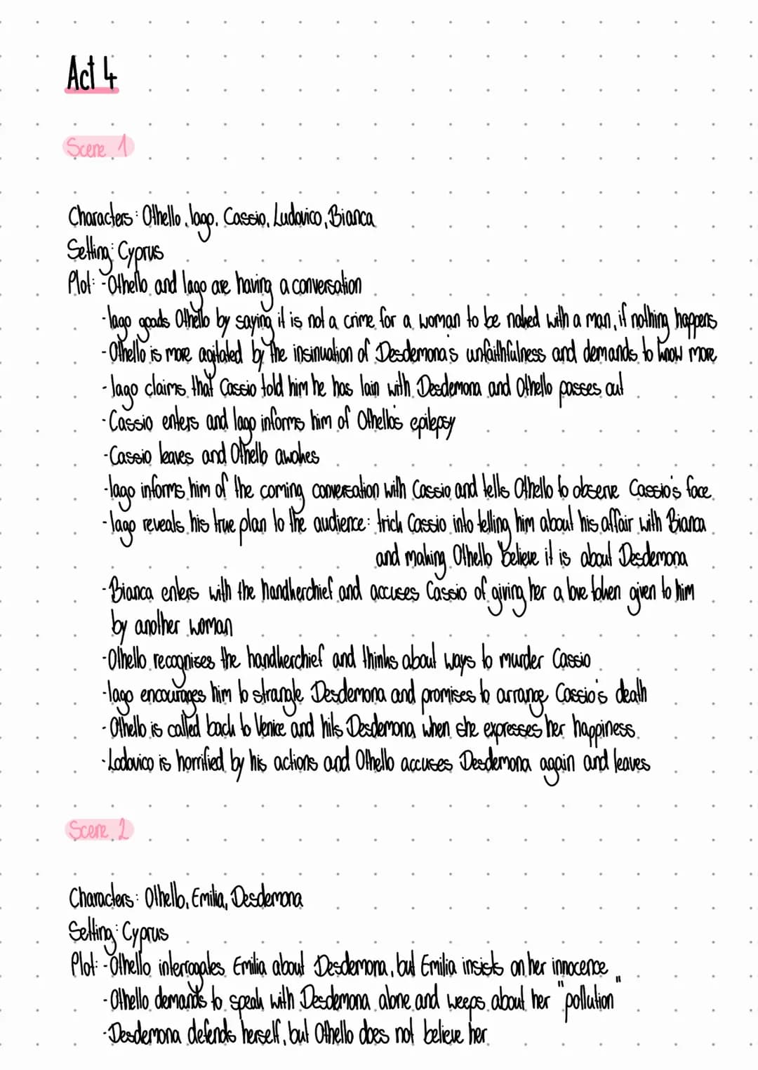 ACT 1
Othello
• Scene 1:
Characters: Roderigo, lago, Brabantio
Setting: Venice, outside Brabantias house
Plot: Roderigo and lago both want r