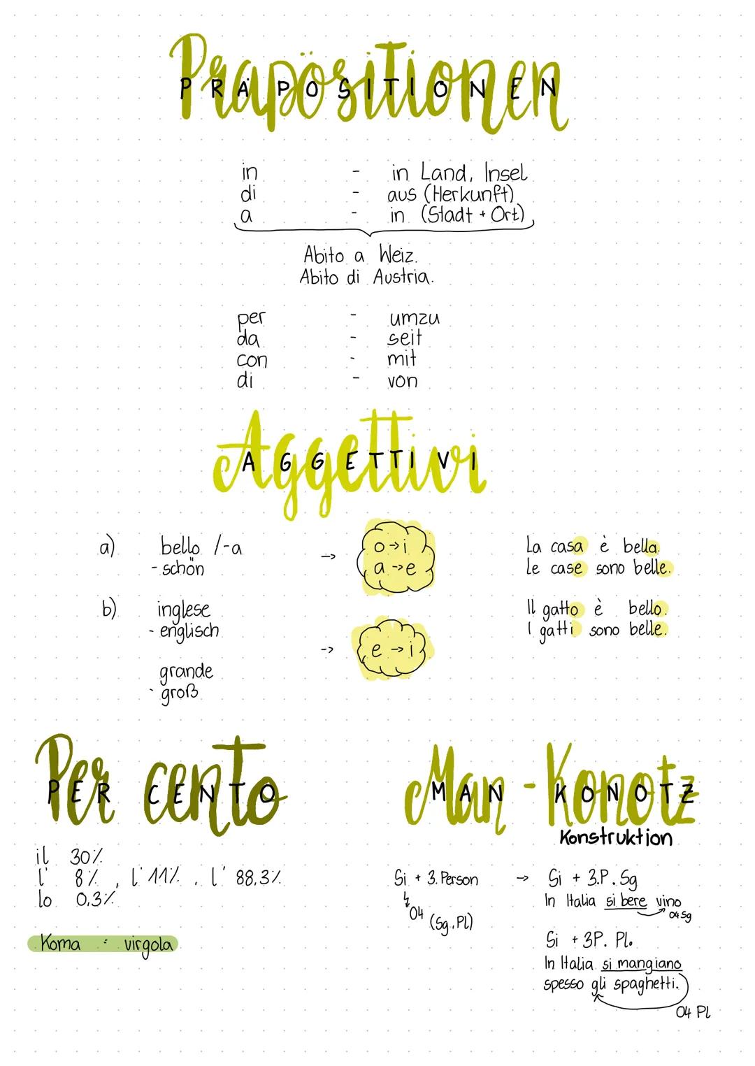 # Prapositionen

in
-
in Land, Insel
di
-
aus (Herkunft)
a
-
in (Stadt + Ort)

Abito a Weiz.
Abito di Austria.

per
-
umzu
da
-
seit
con
-
m