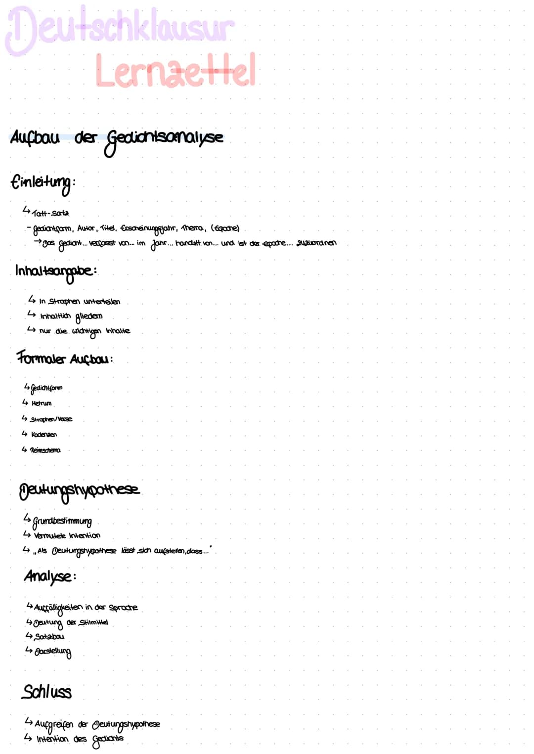 Deutschklausun
Lernaettel
Aufbau der Gedichtsanalyse
Einleitung:
↳ Tatt-Sata
-Gediantform, Autor, Titel, Erscheinungsjahr, Thema, (spodne)
→