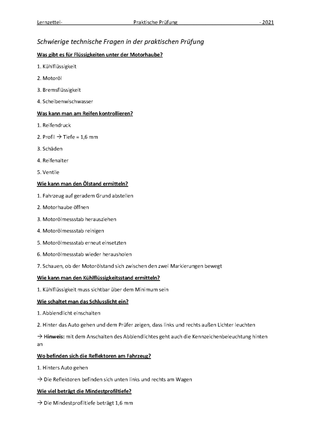 Technische Fragen Praktische Prüfung 2024 PDF - Übe Fragen und Antworten Klasse B & AM, Roller, Beleuchtung