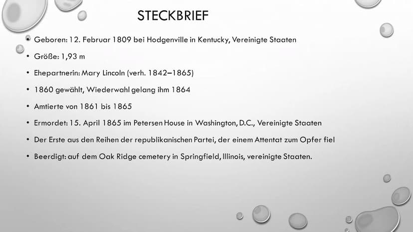 ABRAHAM LINCOLN
16. PRÄSIDENT DER
VEREINIGTEN STAATEN • Leitfrage
●
●
●
●
Steckbrief
Sezessionskrieg
• Was hat er bewirkt und wann?
• Die Fo