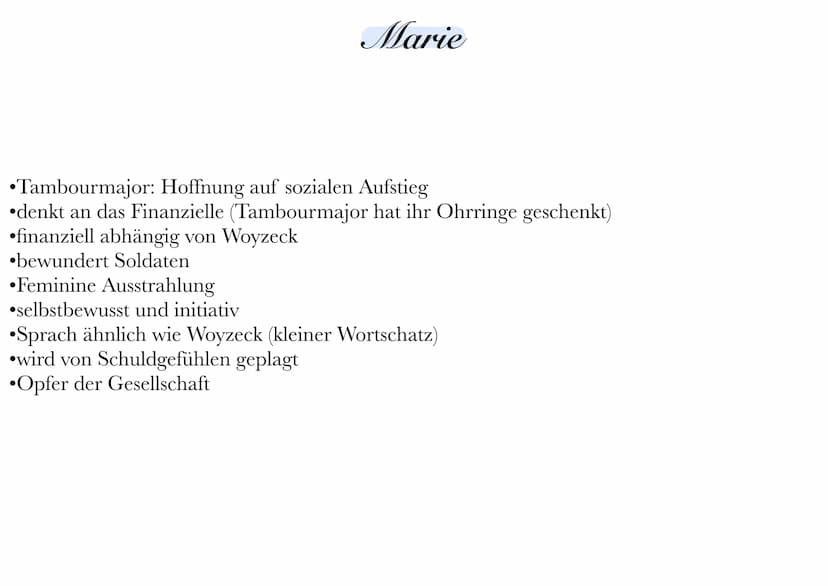 Woyzeck
⚫eifersüchtig auf den Tambourmajor >kann Marie nichts bieten
abhängig vom Doktor & Hauptmann
●
4 Tätigkeiten, trotzdem nicht genug G