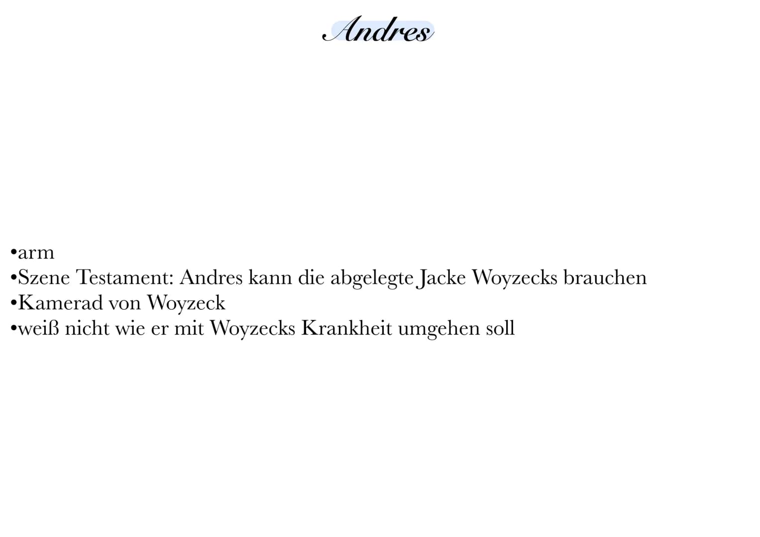 Woyzeck
⚫eifersüchtig auf den Tambourmajor >kann Marie nichts bieten
abhängig vom Doktor & Hauptmann
●
4 Tätigkeiten, trotzdem nicht genug G