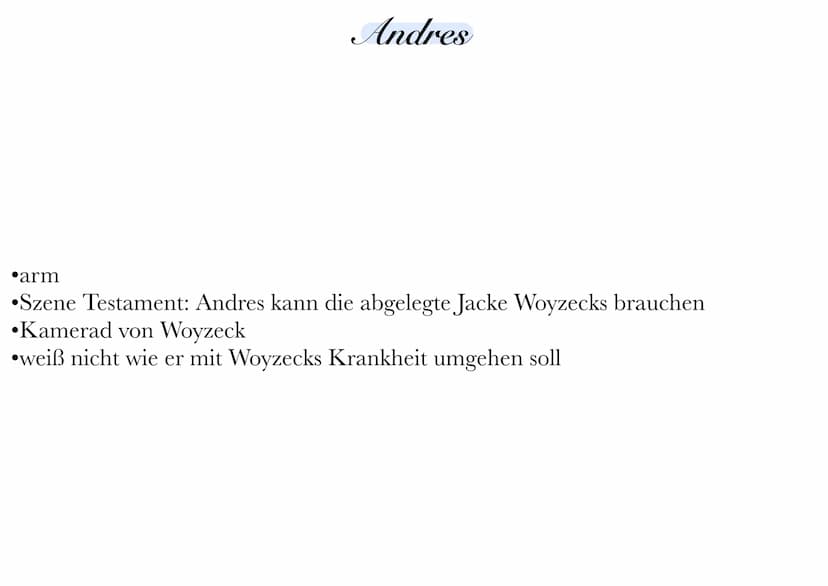 Woyzeck
⚫eifersüchtig auf den Tambourmajor >kann Marie nichts bieten
abhängig vom Doktor & Hauptmann
●
4 Tätigkeiten, trotzdem nicht genug G