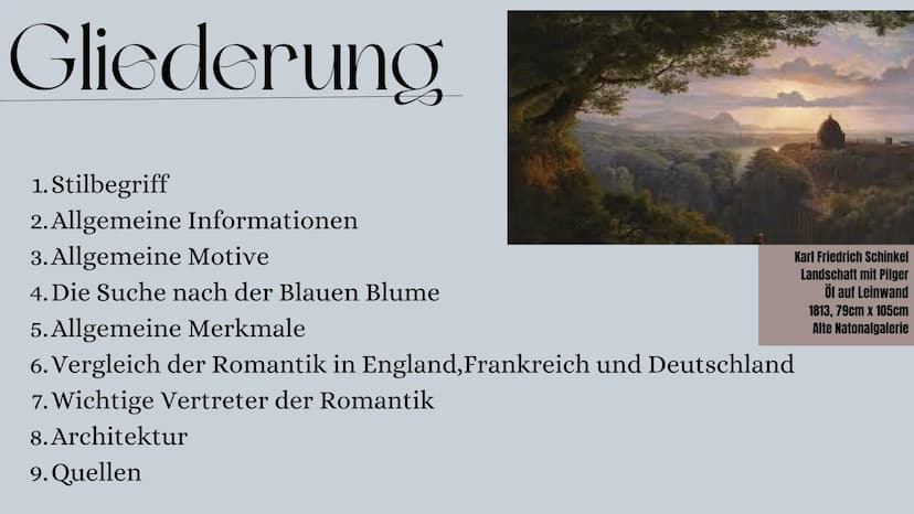 Romantik
LK BK 11/2 Gliederung
1. Stilbegriff
2. Allgemeine Informationen
3.Allgemeine Motive
4. Die Suche nach der Blauen Blume
5. Allgemei