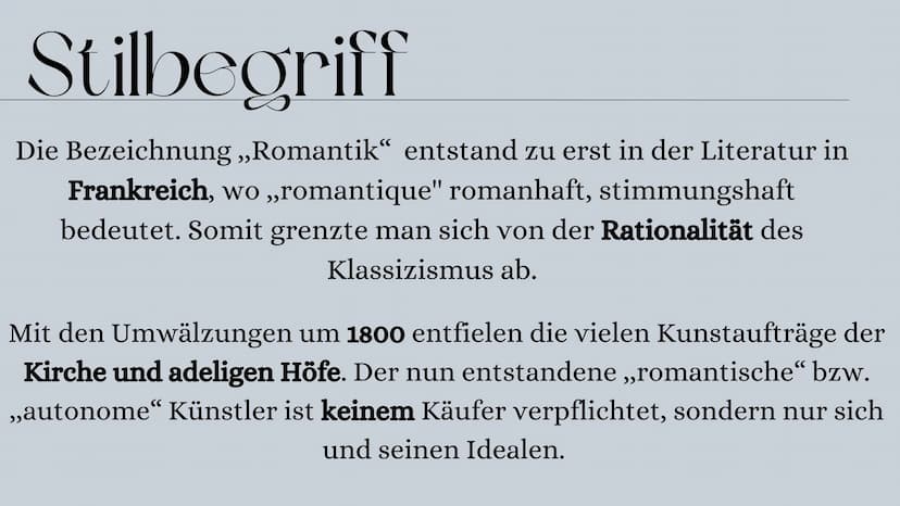 Romantik
LK BK 11/2 Gliederung
1. Stilbegriff
2. Allgemeine Informationen
3.Allgemeine Motive
4. Die Suche nach der Blauen Blume
5. Allgemei