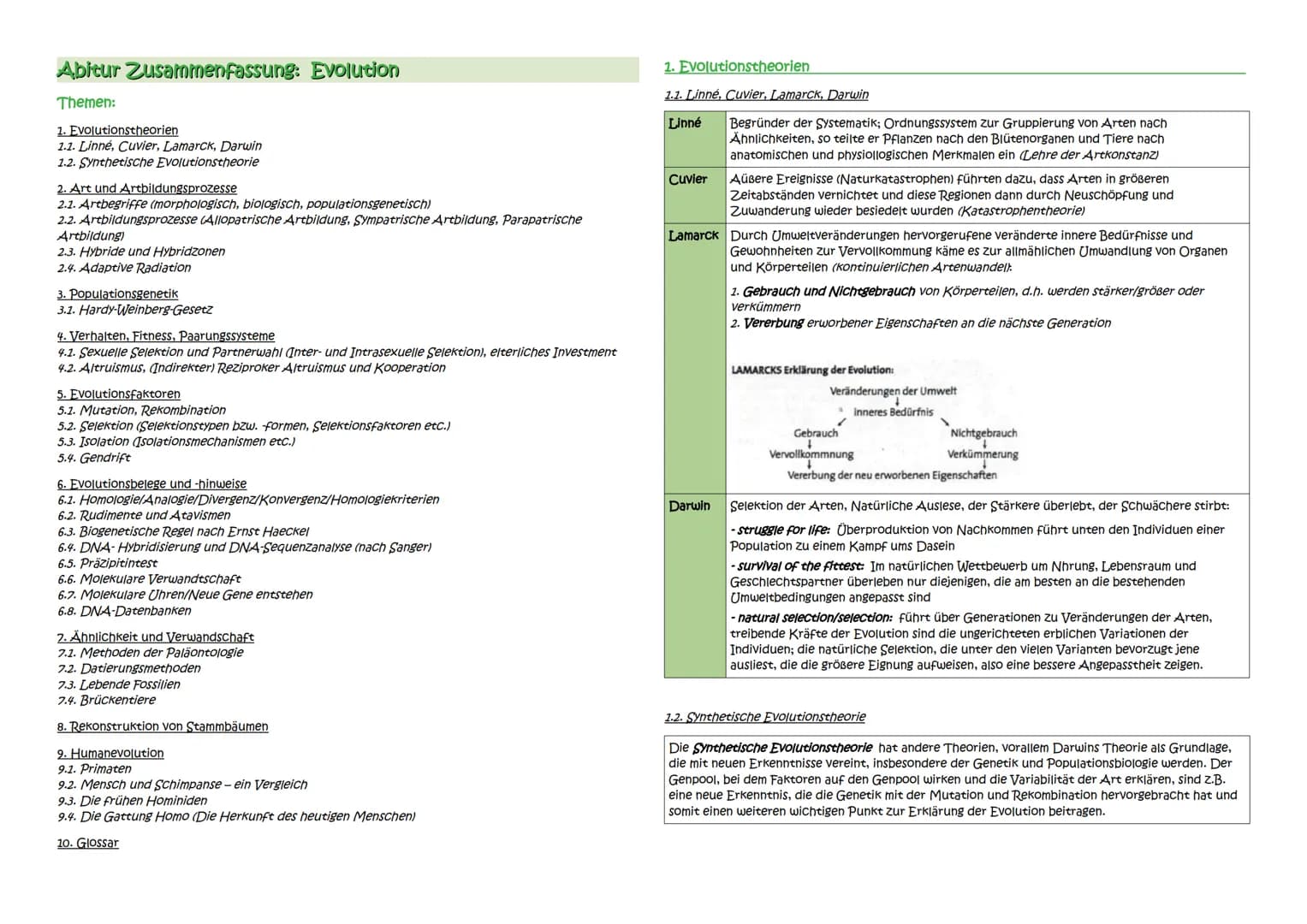 Abitur Zusammenfassung: Evolution
Themen:
1. Evolutionstheorien
1.1. Linné, Cuvier, Lamarck, Darwin
1.2. Synthetische Evolutionstheorie
2. A