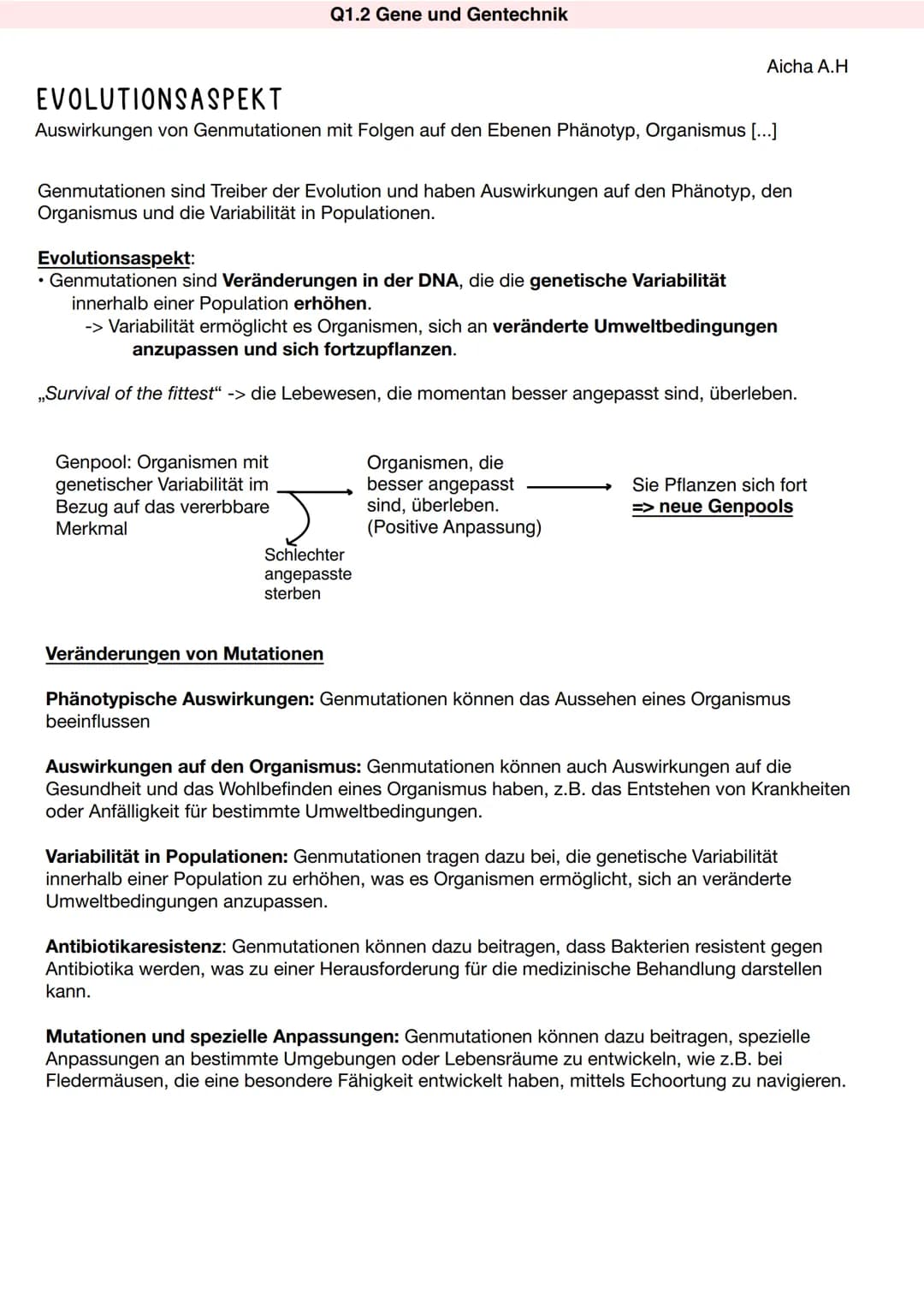 Genmutationen
Punktmutationen
Q1.2 Gene und Gentechnik
Genmutationen sind dauerhafte Veränderungen in der DNA-Sequenz eines Gens, die zu ein
