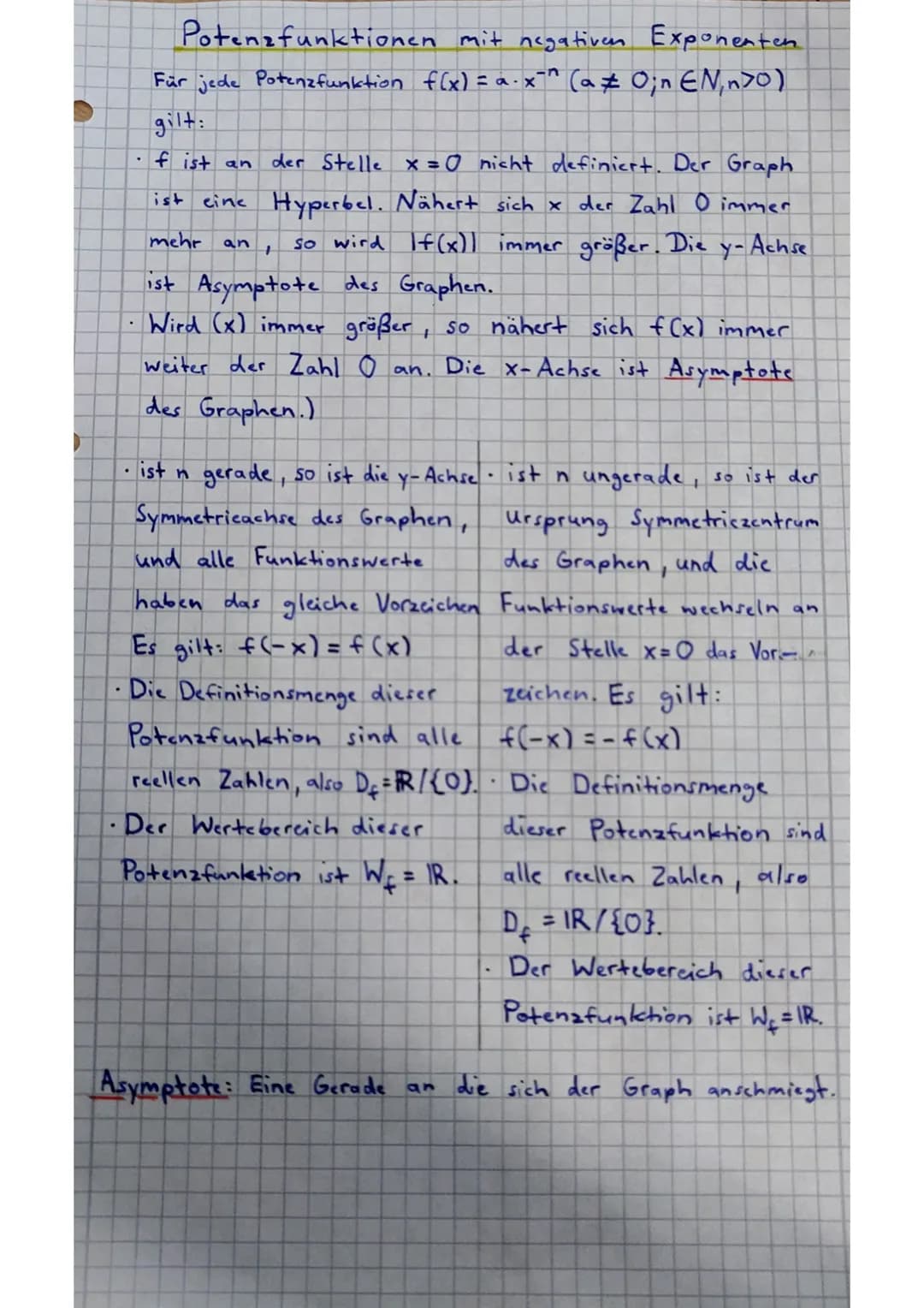 .
Potenzfunktionen mit negativen Exponenten
Für jede Potenzfunktion f(x)= a.x-^ (a‡ 0;n EN‚n>0)
gilt:
• f ist an
der Stelle x = 0 nicht defi