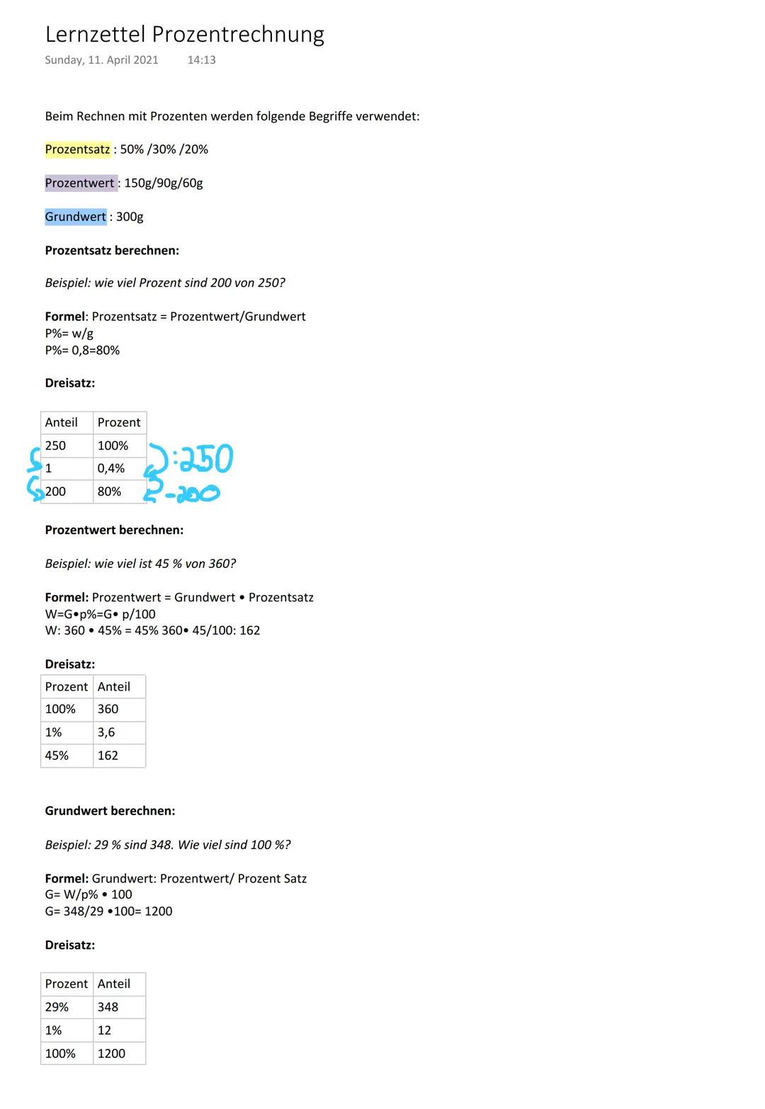 # Lernzettel Prozentrechnung
Sunday, 11. April 2021 14:13

Beim Rechnen mit Prozenten werden folgende Begriffe verwendet:

Prozentsatz: 50%/