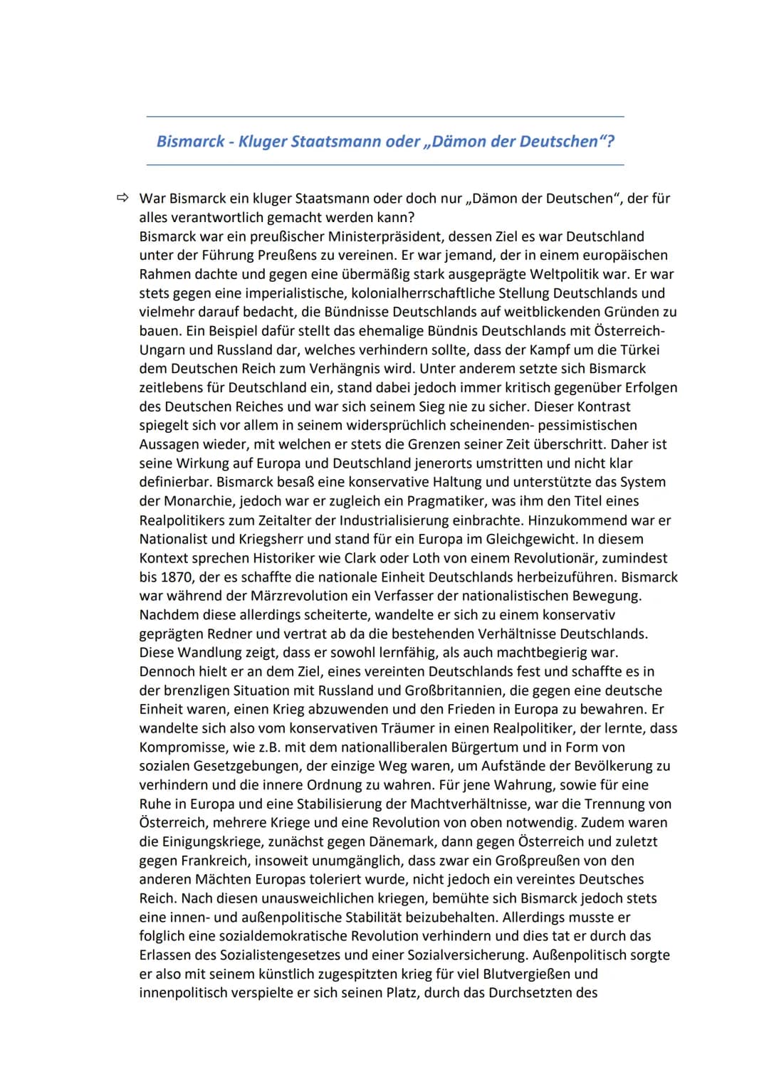 Bismarck - Kluger Staatsmann oder ,,Dämon der Deutschen"?
War Bismarck ein kluger Staatsmann oder doch nur ,,Dämon der Deutschen", der für
a