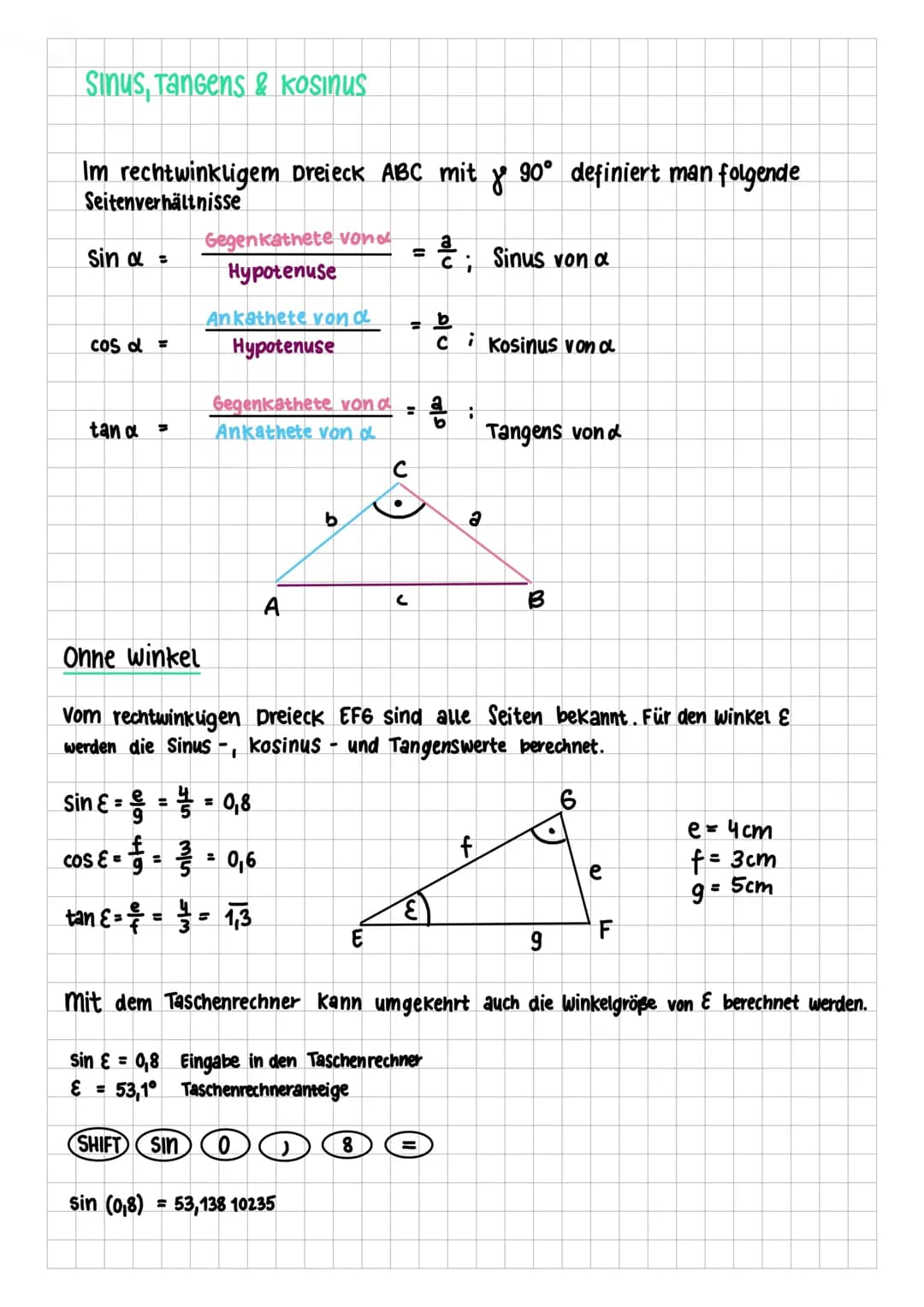 Sinus, Tangens & KOSINUS
Im rechtwinkligem Dreieck ABC mit & 90° definiert man folgende
Seitenverhältnisse
Sin α =
cos d =
tan a =
Gegenkath