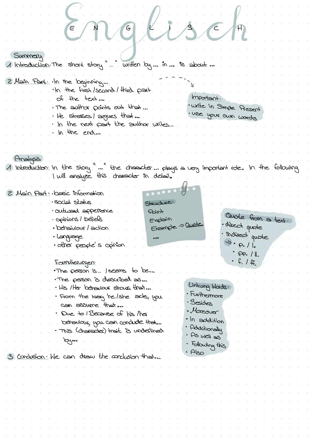 Englisch
written by.... in... is about
Summery
1 Introduction. The short story'
2 Main Part: In the beginning.....
•In the first /second / t