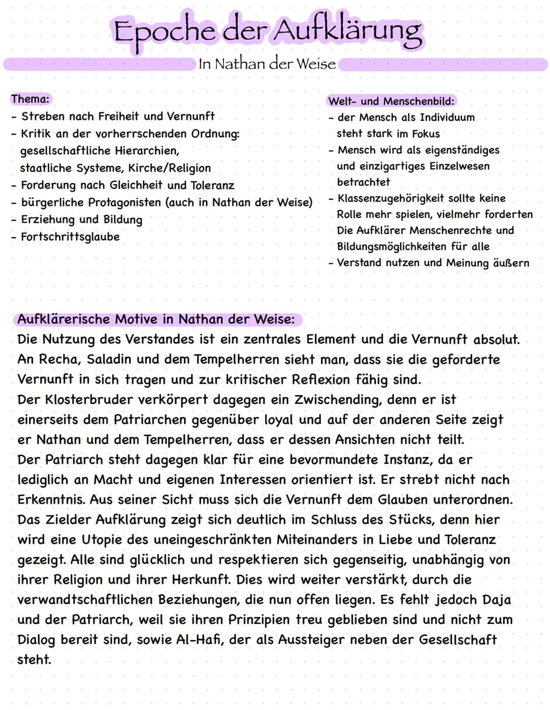 Epoche der Aufklärung
In Nathan der Weise
Thema:
· Streben nach Freiheit und Vernunft
- Kritik an der vorherrschenden Ordnung:
gesellschaftl