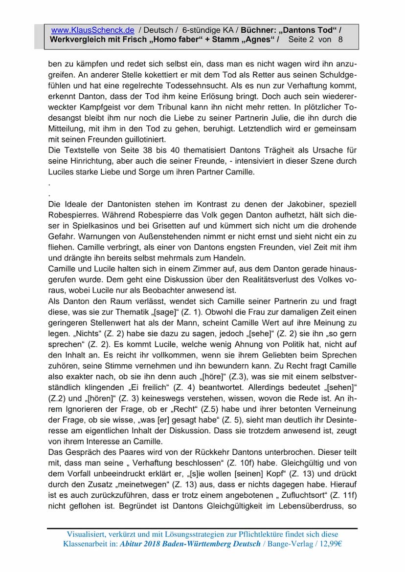www.KlausSchenck.de / Deutsch / 6-stündige KA / Büchner: „Dantons Tod" /
Werkvergleich mit Frisch ,,Homo faber" + Stamm ,,Agnes" / Seite 1 v