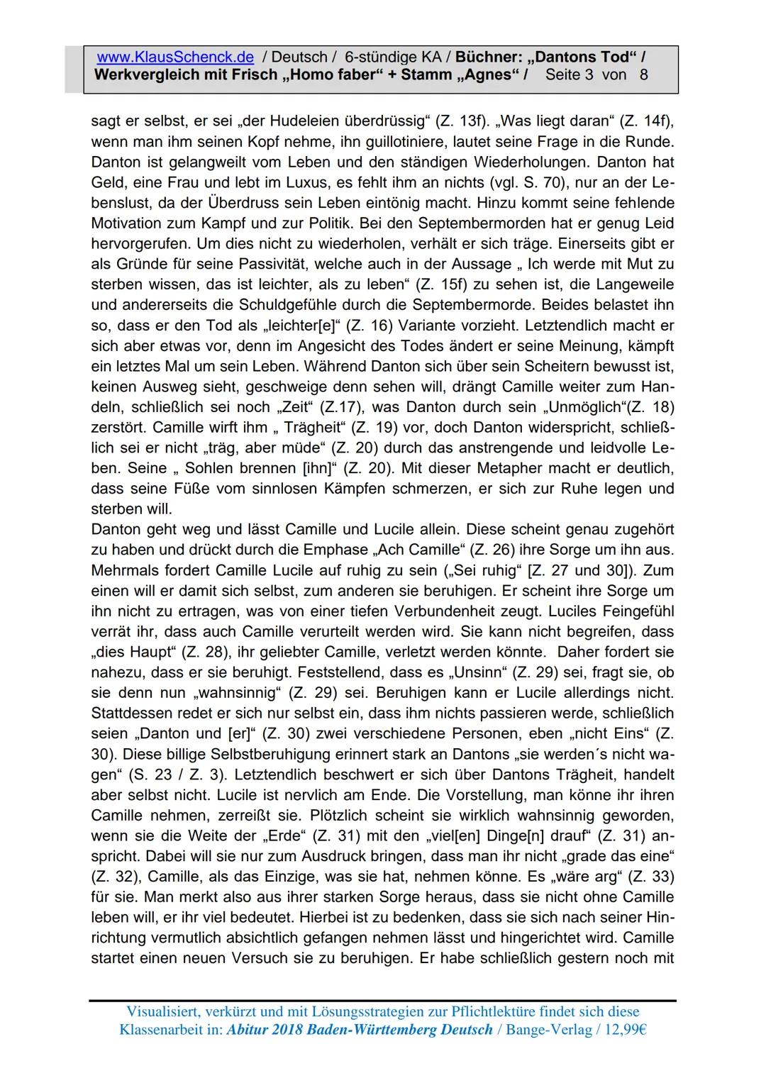 www.KlausSchenck.de / Deutsch / 6-stündige KA / Büchner: „Dantons Tod" /
Werkvergleich mit Frisch ,,Homo faber" + Stamm ,,Agnes" / Seite 1 v