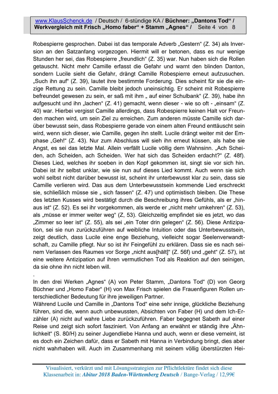 www.KlausSchenck.de / Deutsch / 6-stündige KA / Büchner: „Dantons Tod" /
Werkvergleich mit Frisch ,,Homo faber" + Stamm ,,Agnes" / Seite 1 v