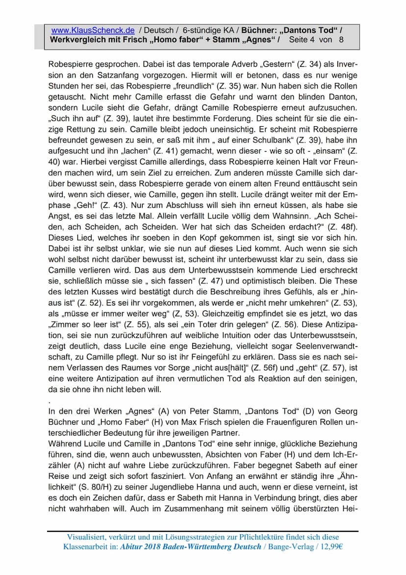 www.KlausSchenck.de / Deutsch / 6-stündige KA / Büchner: „Dantons Tod" /
Werkvergleich mit Frisch ,,Homo faber" + Stamm ,,Agnes" / Seite 1 v