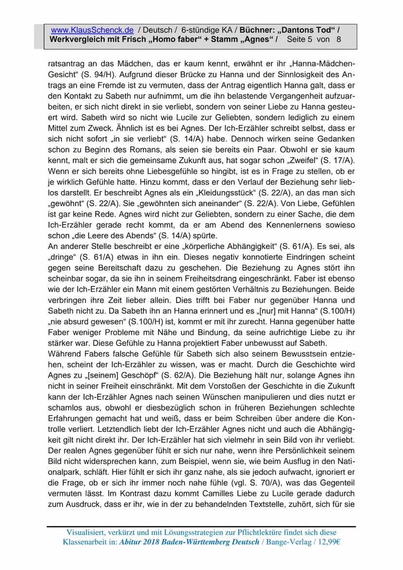 www.KlausSchenck.de / Deutsch / 6-stündige KA / Büchner: „Dantons Tod" /
Werkvergleich mit Frisch ,,Homo faber" + Stamm ,,Agnes" / Seite 1 v
